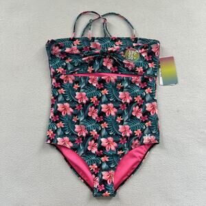 NWT Hurley Girl 1 Pc Black Pink Floral Topical Print Monokini Swimsuit XL 13-15